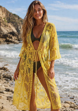 Woven Heart Kimono Womens MEDIUM Sheer Lace Floral Duster Whimsigoth Boho Beach