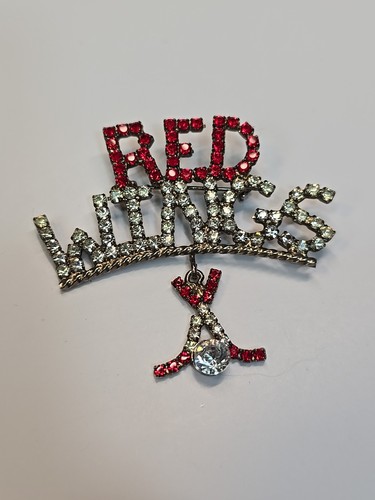 Red Wings 1990's Brooch Pin Red & Clear Faceted Rhinestones Dangling Charm