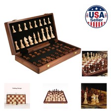 Folding Wooden Chess Set 15 Inch Walnut Board 34 Pieces 2 Extra Queens Travel