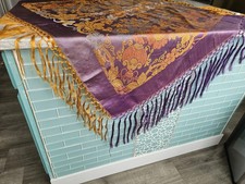Vintage Purple Orange Satin Piano Shawl Scarf Fringe Brocade Shawl 42"