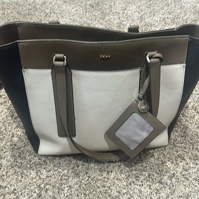 DKNY Colorblock Tote Bag Taupe Cream Black Saffiano Leather Shoulder Bag