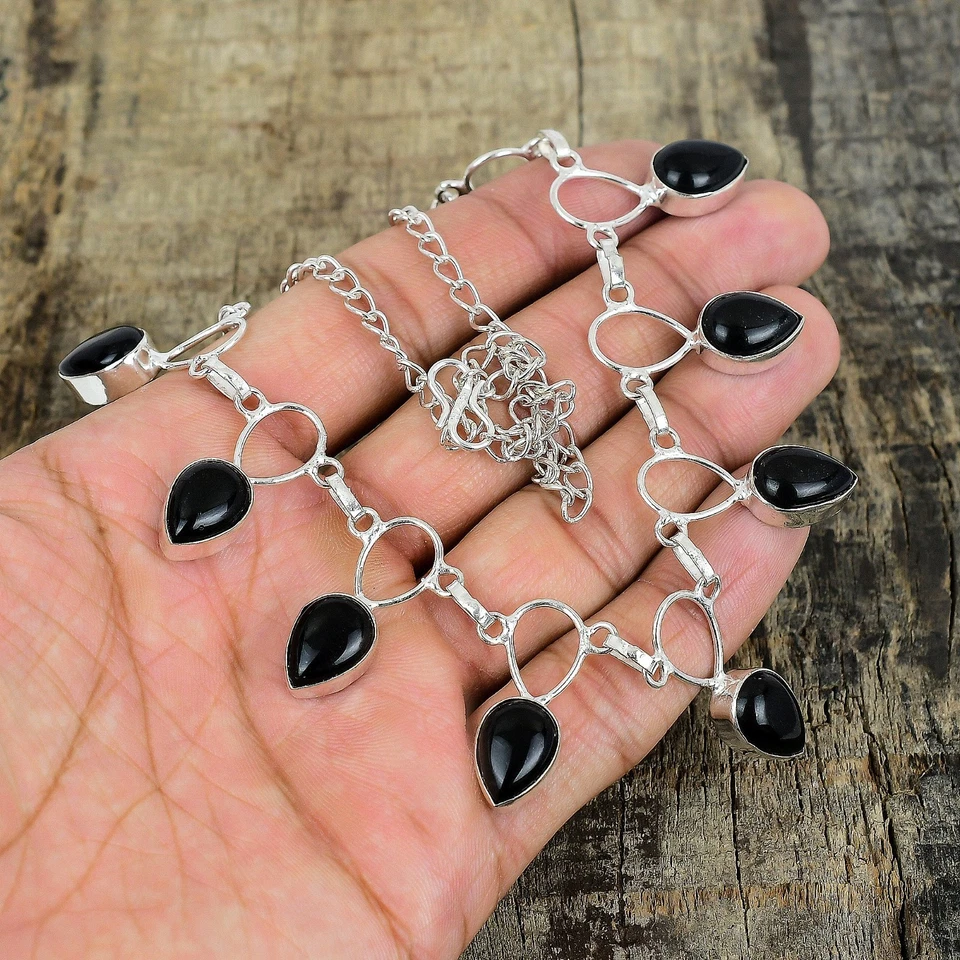 Naturale Onice Nera Gemma 925 Argento Sterling Mano Gioielli Collana Regali - Immagine 4 di 4