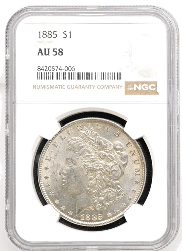 1885 MORGAN DOLLAR NGC ALMOST UNCIRCULATED AU 58 COIN IS 90% SILVER BETTER