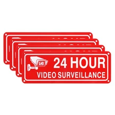 4-Pack 24 Hour Video Surveillance Sign, 4"x7" Security Camera Sign Red+White