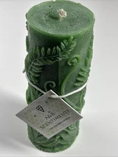 Carved Green Pillar Candle A&B Scentiments 100% Pure Maine Beeswax 6 1/2" New