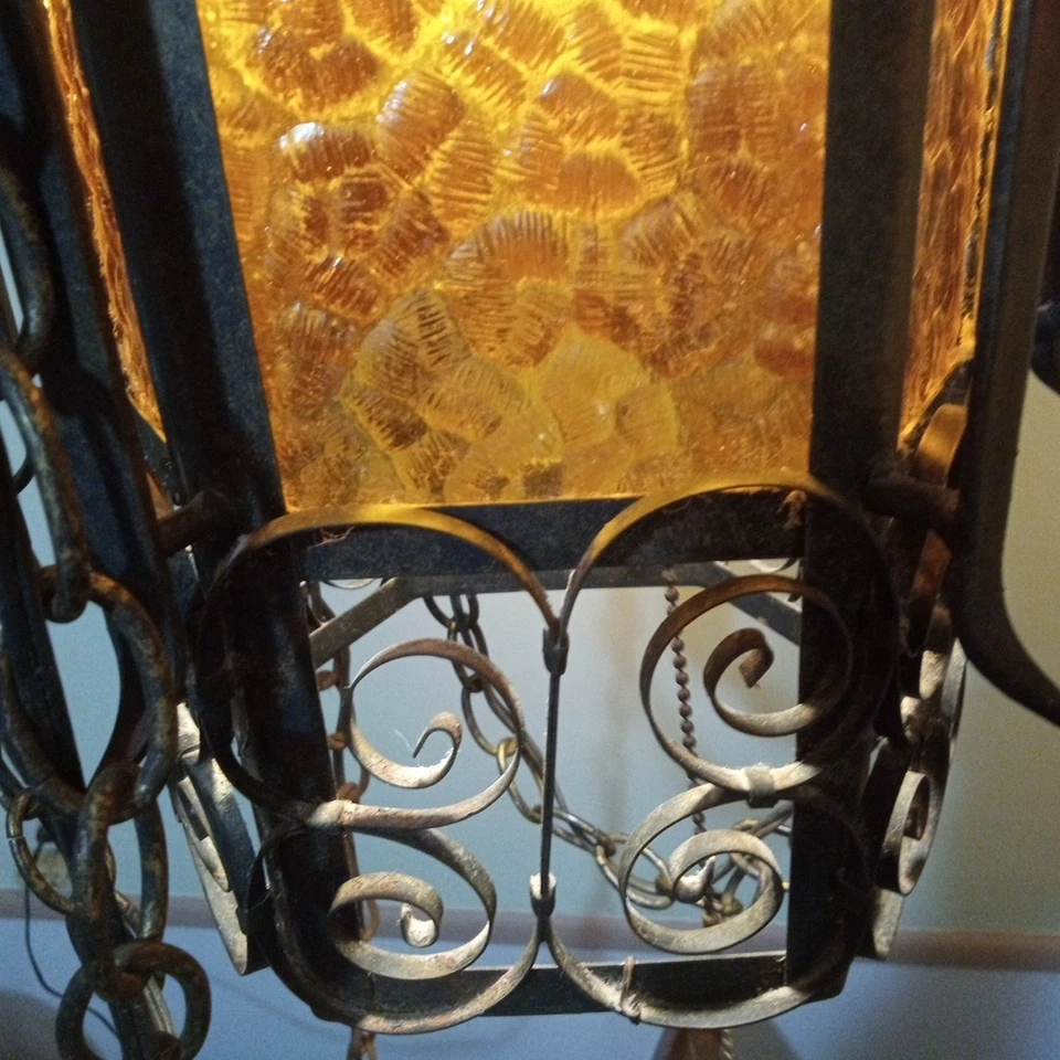 vtg Spanish gothi revival wrought iron Filigree chandelier amber Bumpy glass 27" - Image 2 of 4
