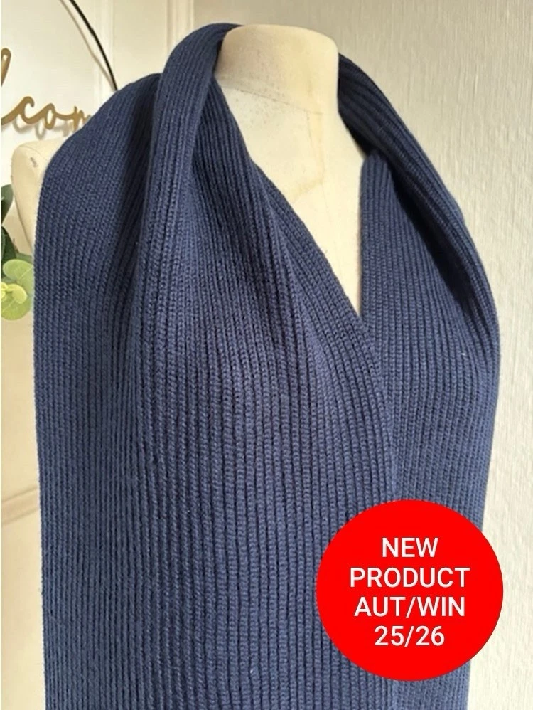 100% Pure New Wool Thick Navy Blue Ribbed Scarf 172cm x 25cm Knitted Unisex