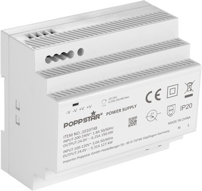 Poppstar Netzteil für Hutschiene 24V DC 6,25A 150W (Input 100-240V AC)