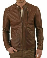 Men's Genuine Lambskin Leather Retro Racer Jacket Motorcycle Biker Brown Coat