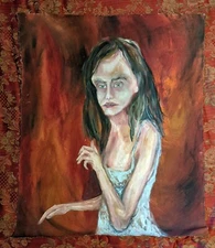 Macabre Woman in Dress Scared Painting Haunting Expressionism Rolled Canvas 35"