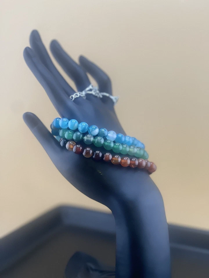 Set Of 3 Agate Crystal Stone Bracelets And 3 Stainless Metal Rings Sizes 6-7 - Image 2 of 4