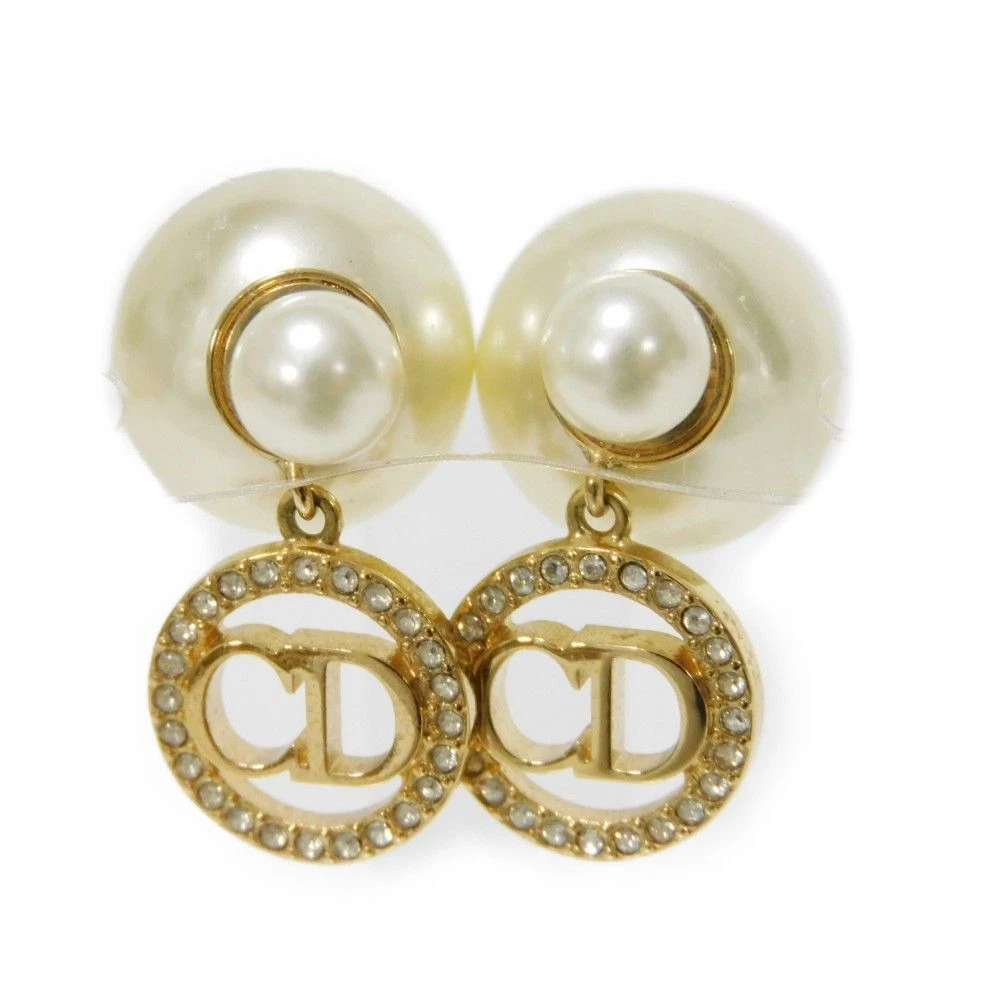 Boucles d'oreilles perles Christian Dior strass logo CD ton or accessoire bijoux
