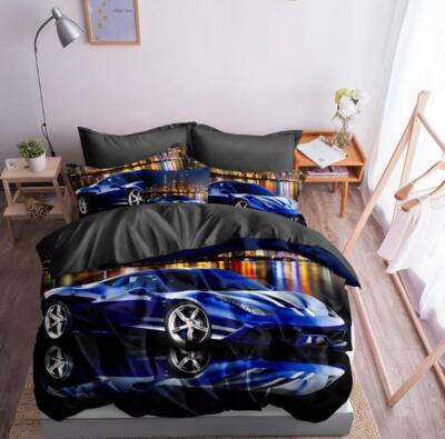 3D Blau Auto Bettwäsche Set Bettbezug Kissenbezüge Double UK 100% Baumwollsatin