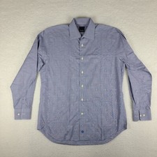 David Donahue Shirt Mens 16 34/35 Blue Plaid 100% Cotton Dress Button Up