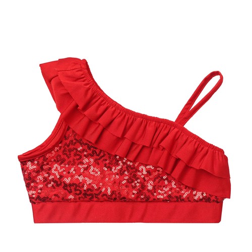Girls Sequined Ruffled Ballet Dance Crop Top Modern Jazz One Shoulder Cami Vest - Picture 31 of 66