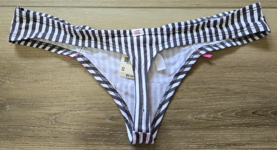 NUEVO CON ETIQUETAS De Colección Victoria's Secret ROSA Rayas Algodón Tanga Bajo Bragas Rosa Lazos S Foto 2 de 3