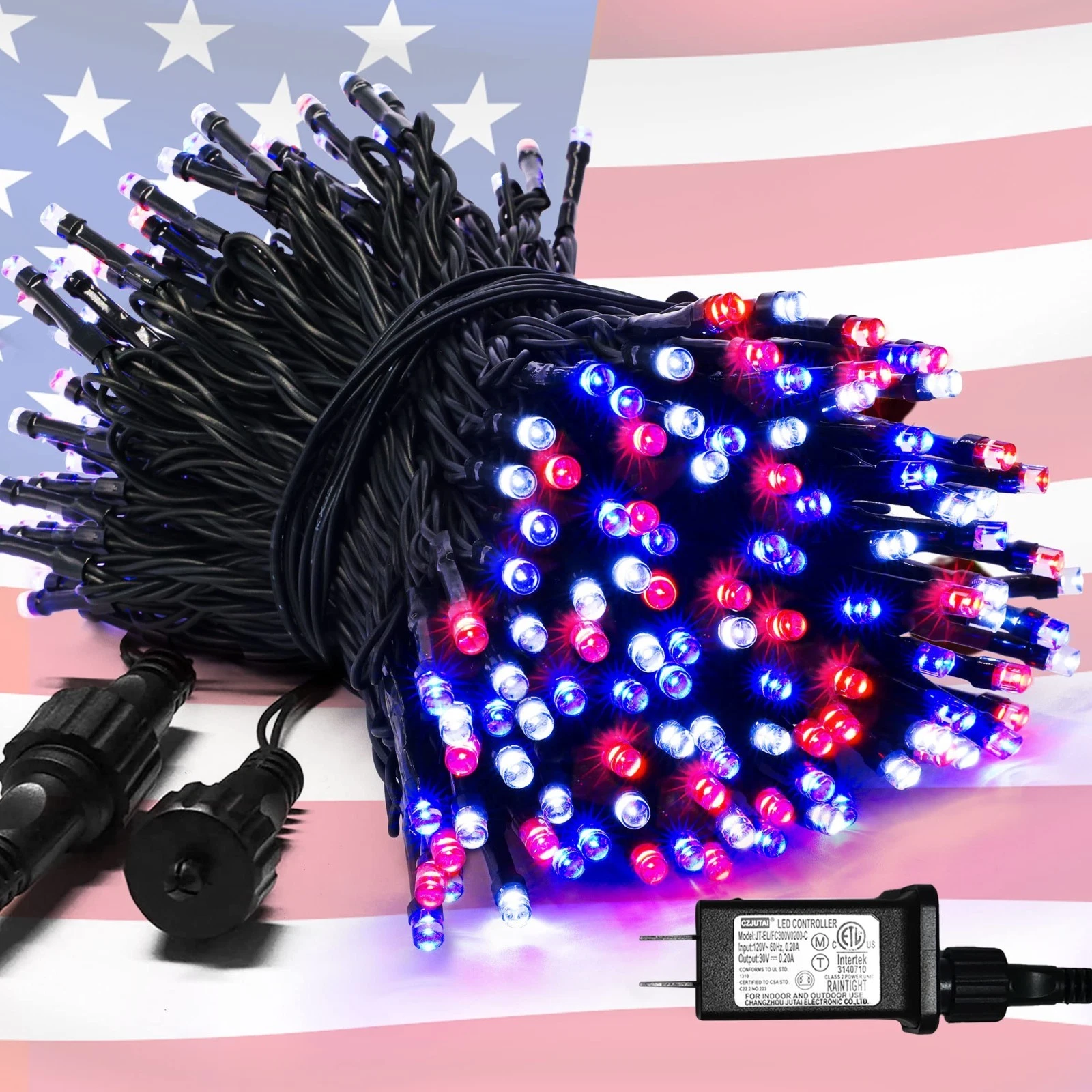 200 LED 66ft Patriotic String Lights - Waterproof Red White Blue Outdoor Decor,
