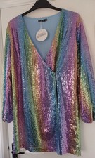 BNWT STUNNING Sz 10 12 BOOHOO RAINBOW  CANDY STRIPE SEQUIN PARTY DRESS NEW 