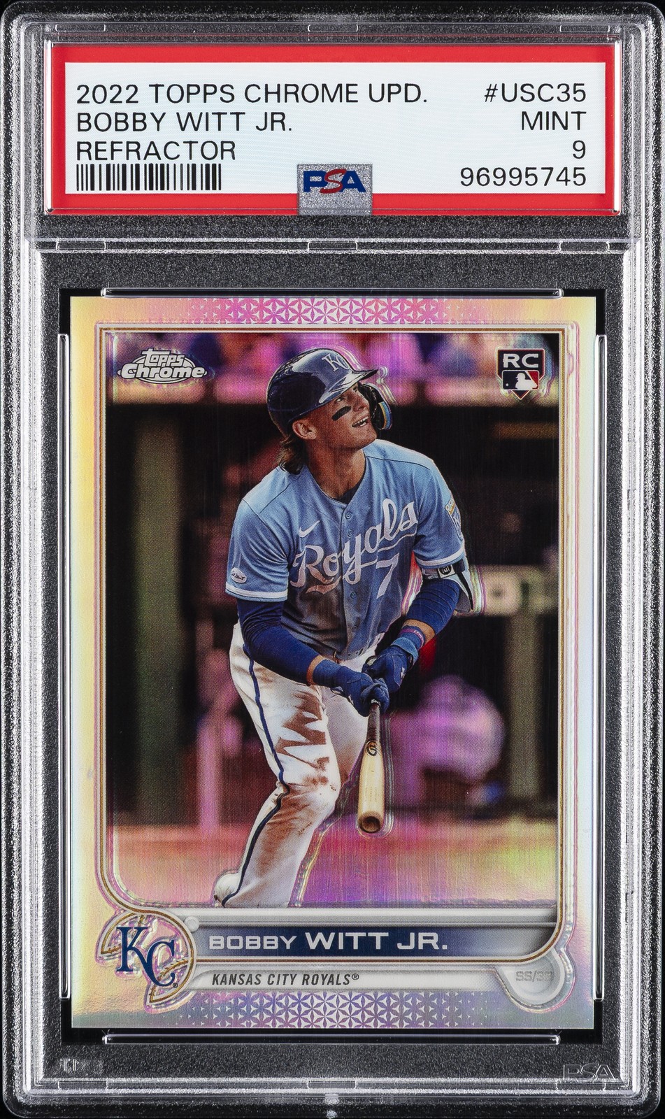 2022 TOPPS CHROME UPDATE REFRACTOR #USC35 BOBBY WITT JR. ROOKIE RC 70/299 PSA 9