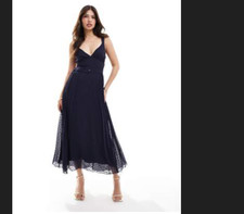 NWT Plunge front pleated Swiss Dot midi dress with waist belt strappy back