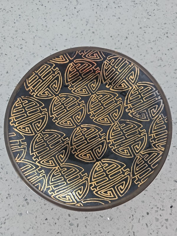 Japanese Antique Brass & Porcelain Enamel Navy Bowl 5.5"