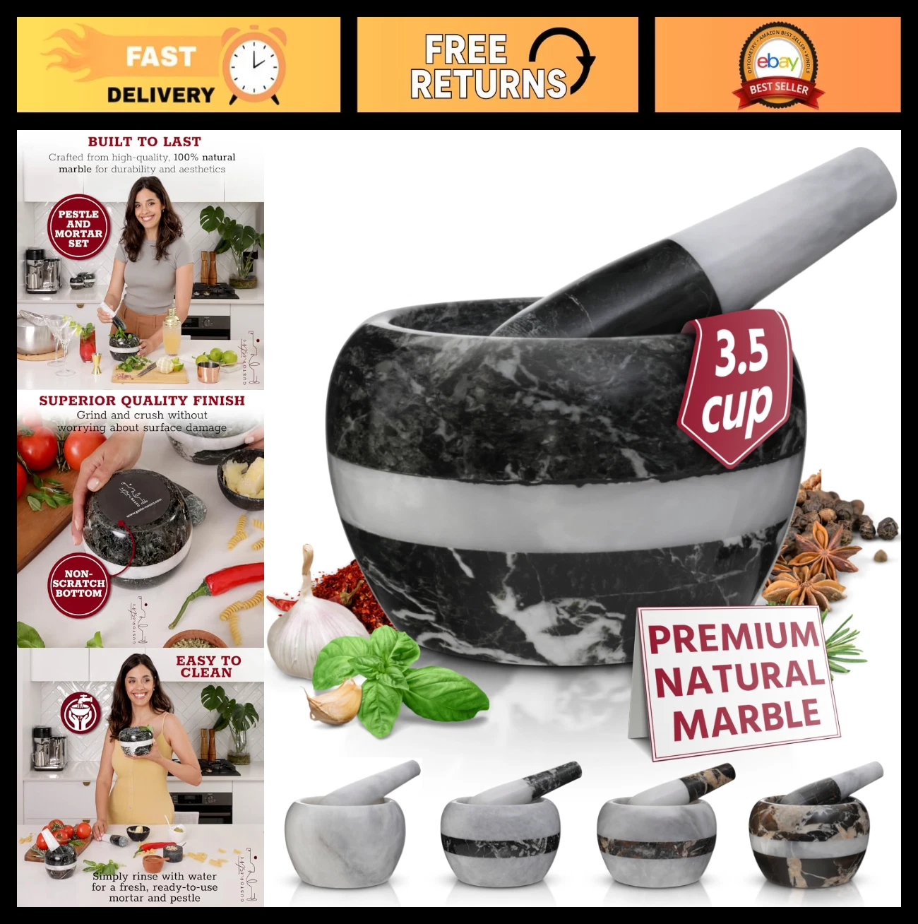 Extra Large 6" Marble Mortar and Pestle Set - Ideal for Grinding Herbs, Nuts & S