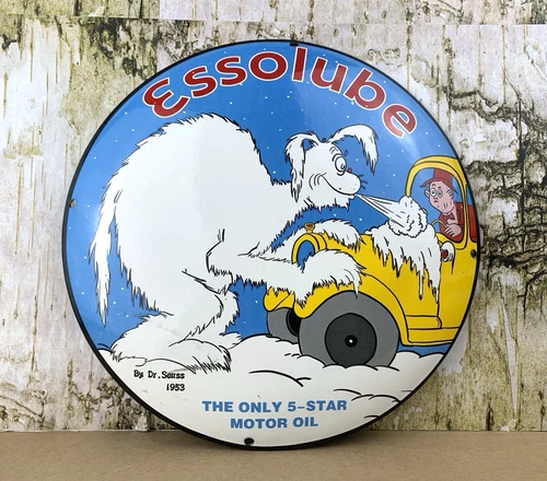 VINTAGE 12" ESSOLUBE Dr. Seuss GASOLINE OIL PUMP STATION PORCELAIN GAS SIGN