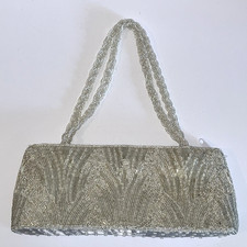 Vtg LA REGALE Silver Beaded Clutch Purse Mini Wedding Prom Zips 2 Straps Clean