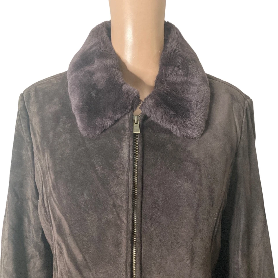 Vintage 90s Sonoma Suede Jacket Womens XL Brown Full Zip Faux Fur Collar  - Image 3 of 4