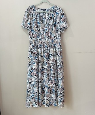Rachel Zoe Womrns Plus 1X Paisley V-Neck Short Sleeve Midi Dress Smocked Waist