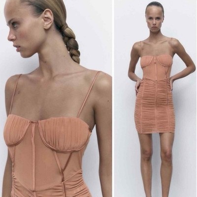 NWT ZARA RUCHED TULLE CORSET MINI DRESS