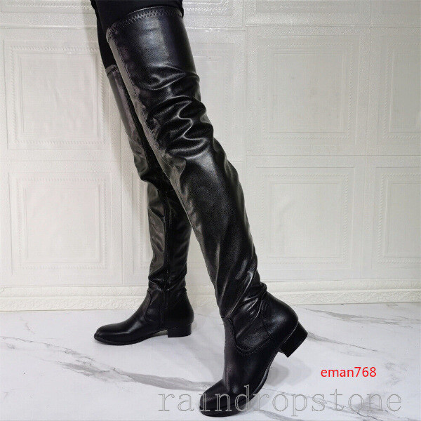 Women Over The Knee Thigh High Boots Faux Leather Low Heels Boots ...