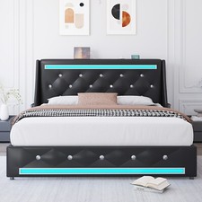 Faux Leather Diamond Upholstered Full Queen LED Bed Frame with Charging Station