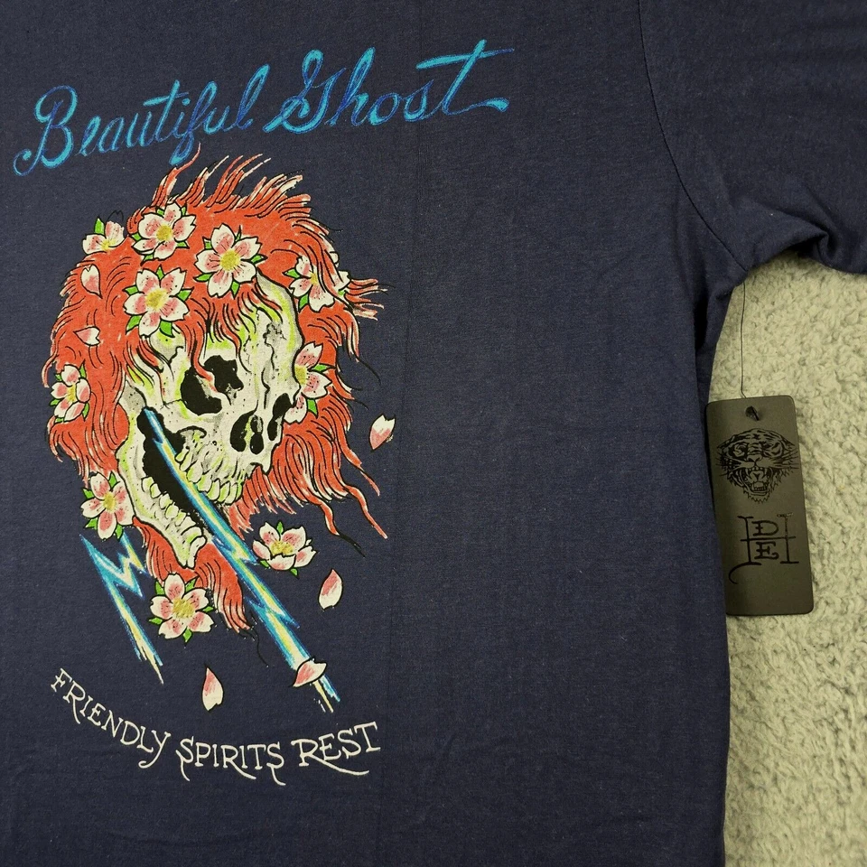 Camisa Ed Hardy Para Hombres Mediana Azul Hermosa Calavera Floral Tatuaje Envejecida Nueva con Etiquetas B Foto 4 de 4