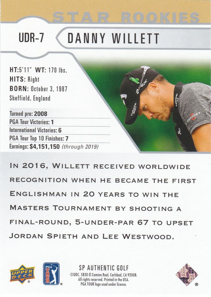 2021 SP Authentic Golf DANNY WILLETT Star Rookies Insert card #UDR-7 England - Image 2 of 2
