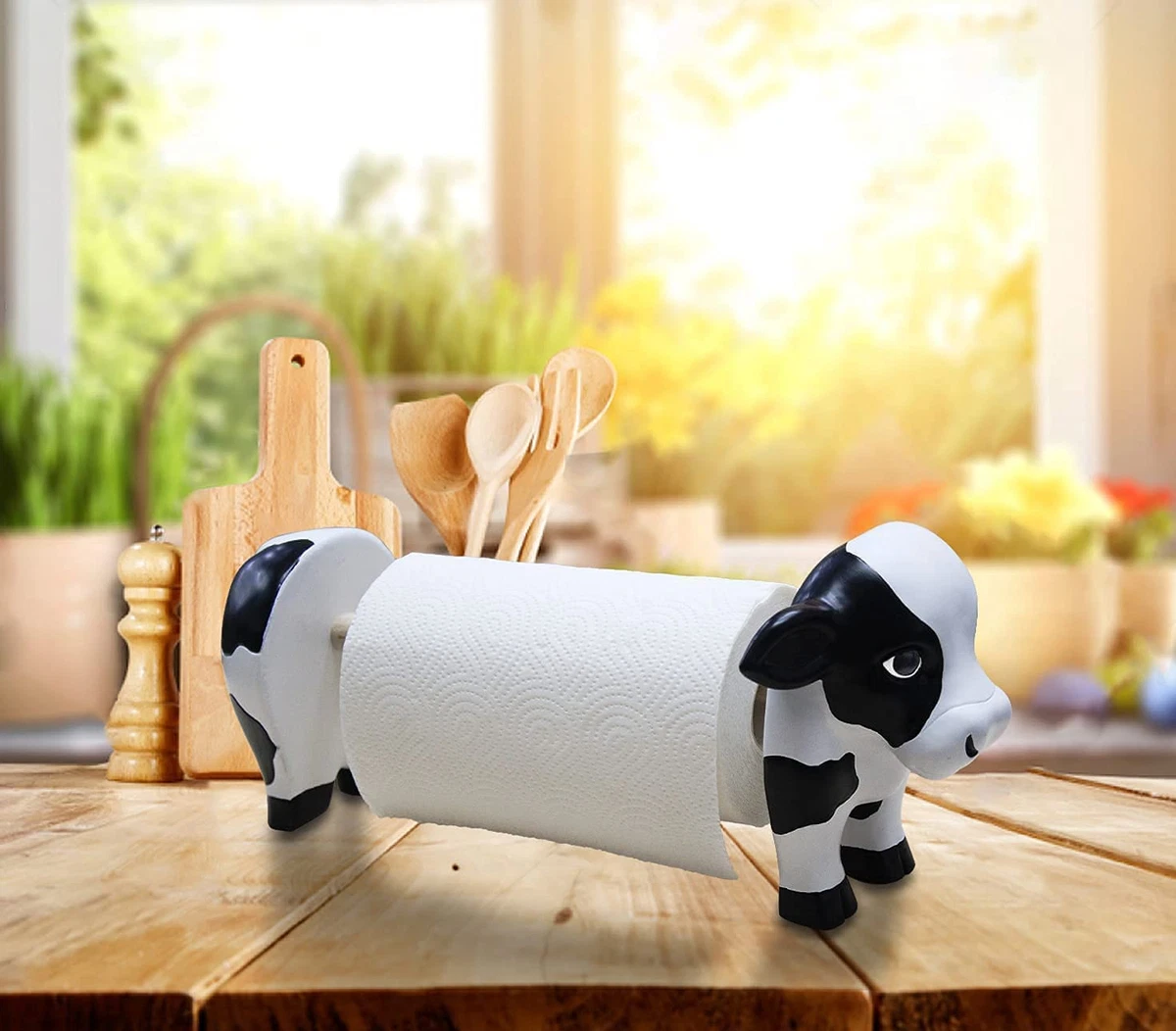 Wooden Paper Towel Holder Countertop Farmhouse Cow Design Paper