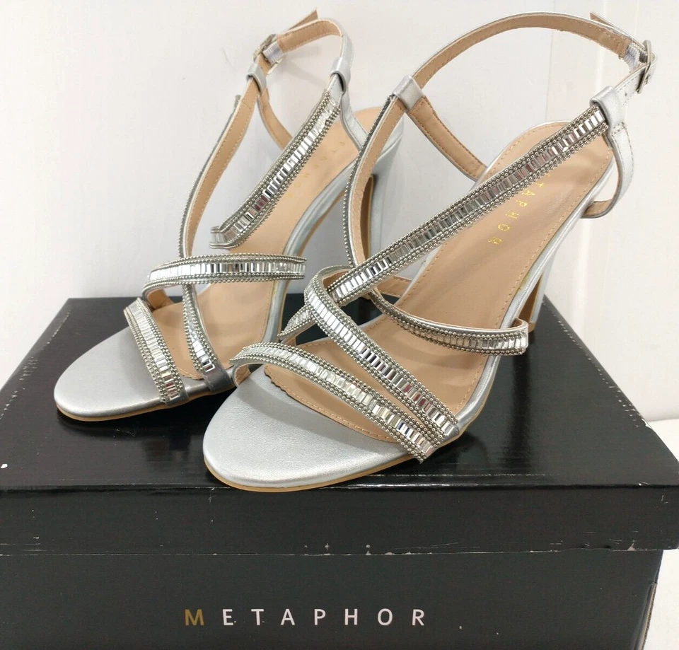 Метафора женщин императрицы с ремешками платье каблук туфли размер 8 М серебро W/стразы новый - Изображение 2 из 4