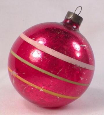 3 Christmas Ornaments Balls Red Glass Stripes Vintage #281