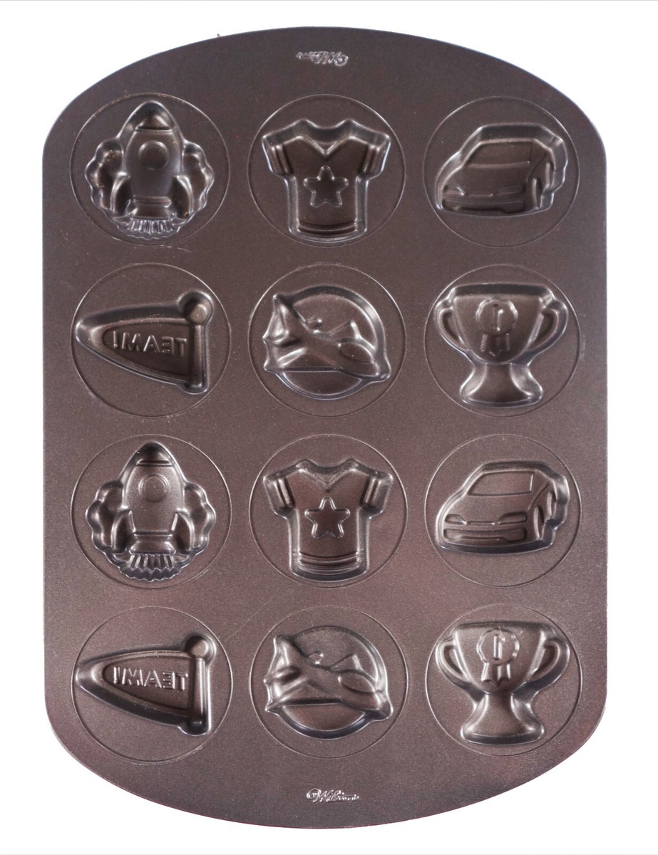 Wilton Dozen Cookie Baking Pan Mould Boys Birthday Trophy Rocket