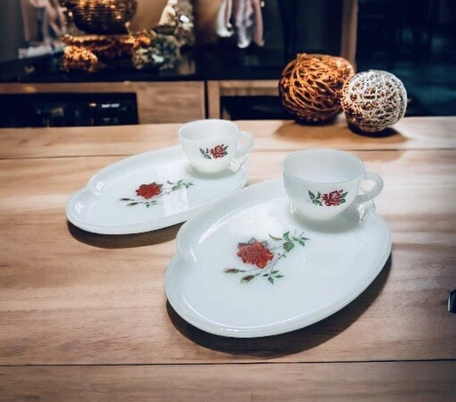 Federal Milk  Glass Snack Plate And Cup Set Pair Rosecrest Decorative Vintage