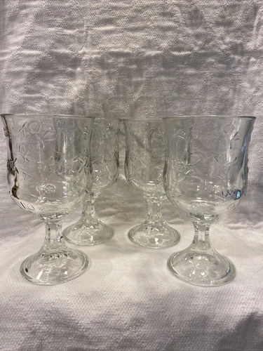 4 VINTAGE Anchor Hocking SAVANNAH Embossed Rose Goblets Shabby Chic Cottage