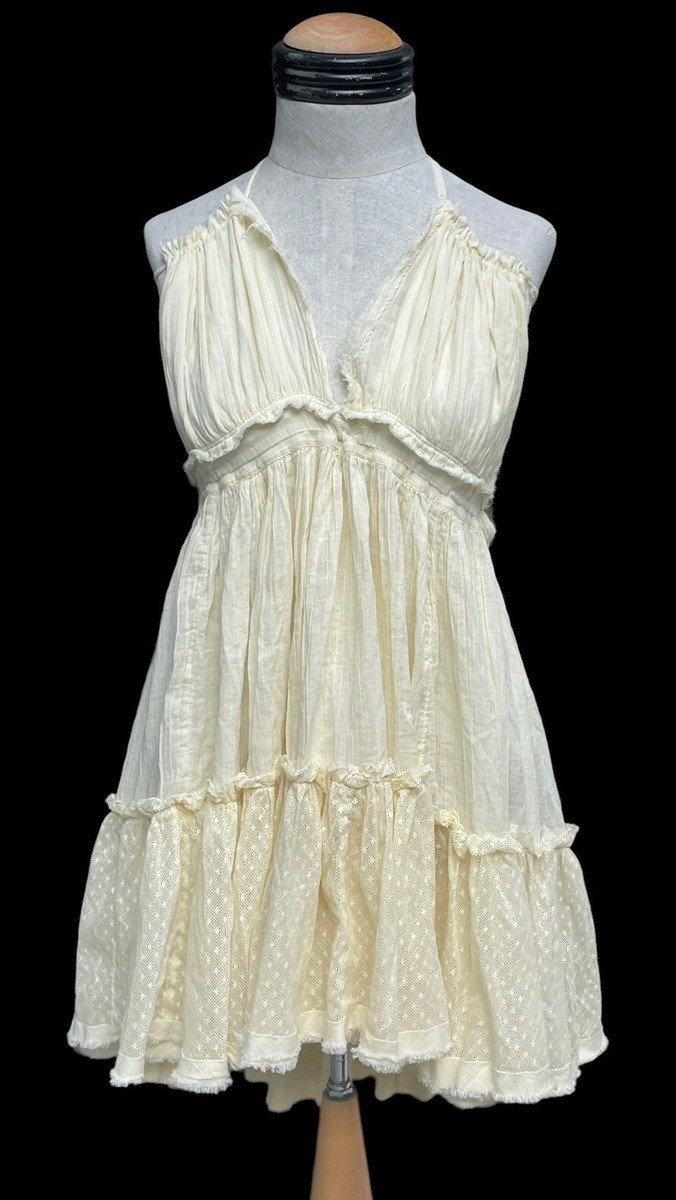 FREE PEOPLE 100 Degree Mini Bohemian Halter Dress sz Medium Sand Cream Ivory