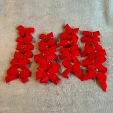 Christmas Bows Flocked Red Velvet Lot of 24 Ornaments Gold Trim Twist Tie On