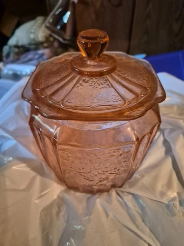vintage Anchor Hocking pink rose depression glass cookie jar