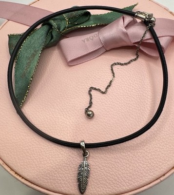 Pandora BlackLeather Feather Choker Necklace 397197 Size 38cm Authentic Ale 925
