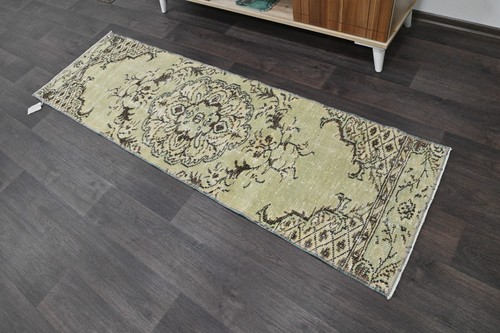Vintage Turkish Runner Rug 2x6ft BEIGE Handmade Anatolian Oushak Hallway Wool