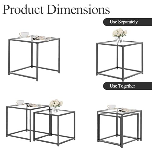  Coffee Table Set of 2, Modern Glass Nesting Table, Metal Frame 19.7" Black
