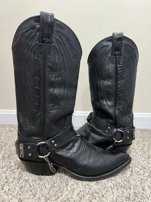 Justin Black Leather Western Biker Boots Concho Harness Chain Details 8.5D USA