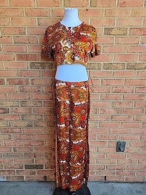 VTG Franklin Simon New York Paisley Palazzo Wrap Pants & Crop Top 60s Loungewear
