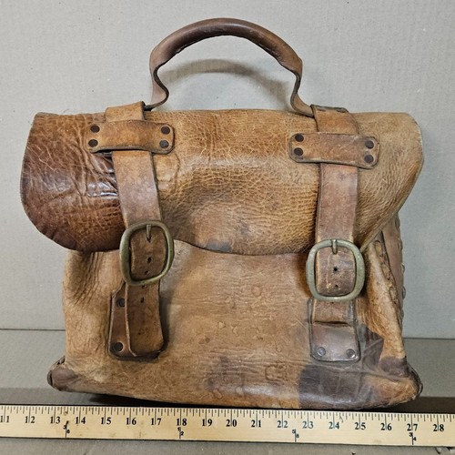 Vintage Distressed Leather Satchel Bag Heavy Duty Work Tool Military Style Buckl